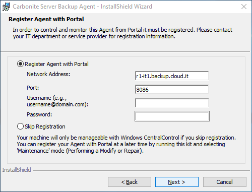 Maschera di inserimento dati per registrazione con Web CentralControl