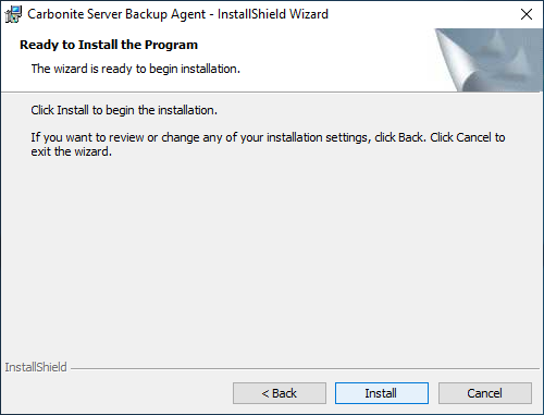 Avvio dell'installazione finale dell'agent EVault con pulsante Install