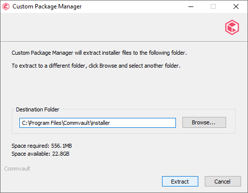 Selezione del percorso di installazione dell'agent Commvault e conferma con Extract