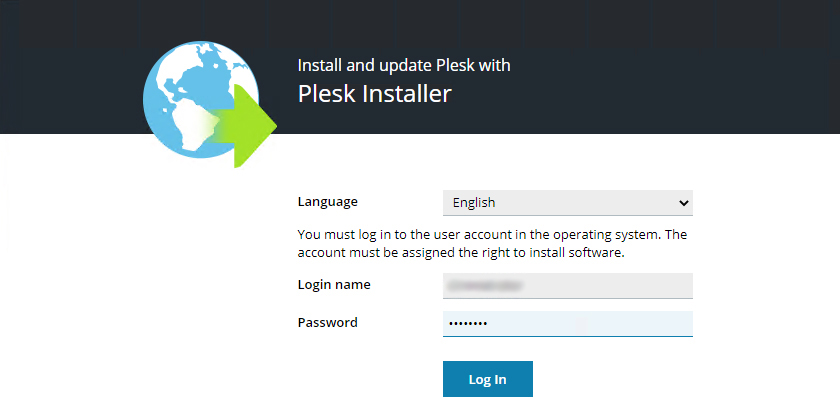 Schermata di login di Plesk Installer