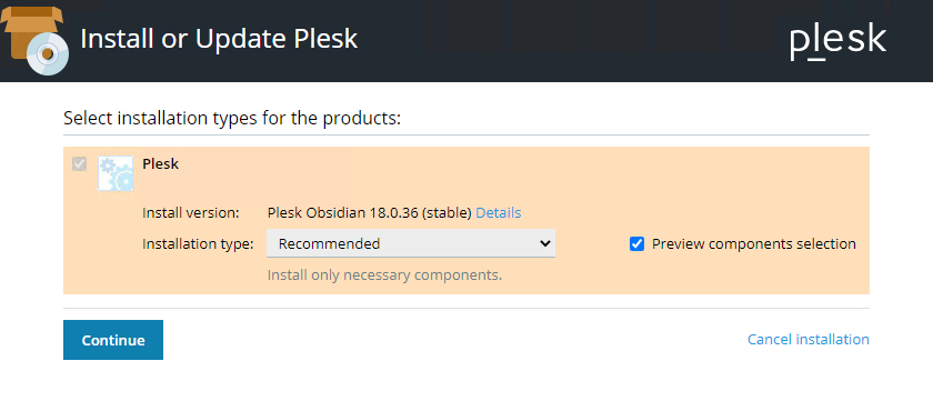 Schermata di selezione della tipologia di installazione Plesk