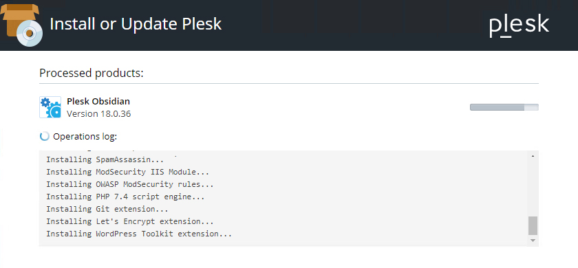 Schermata di avanzamento dell'installazione di Plesk