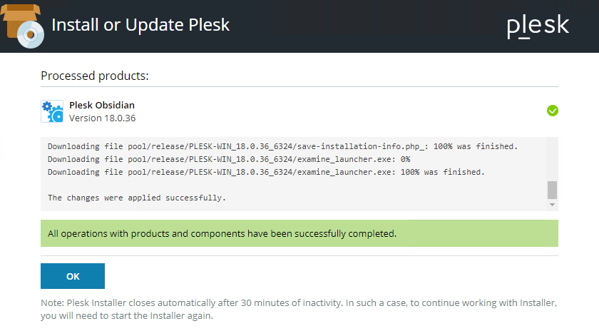 Schermata di conferma completamento installazione Plesk
