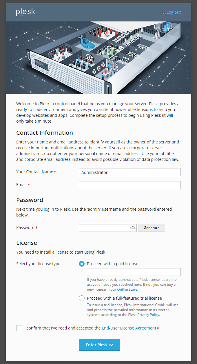 Schermata di inserimento dei contatti, della password e del codice di attivazione